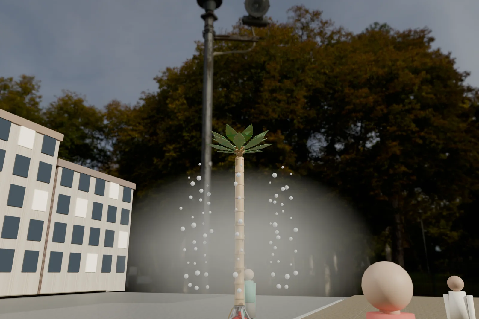 Sun-backlit render under the canopy: mist haze glowing around the palm with droplets falling from the frond tips