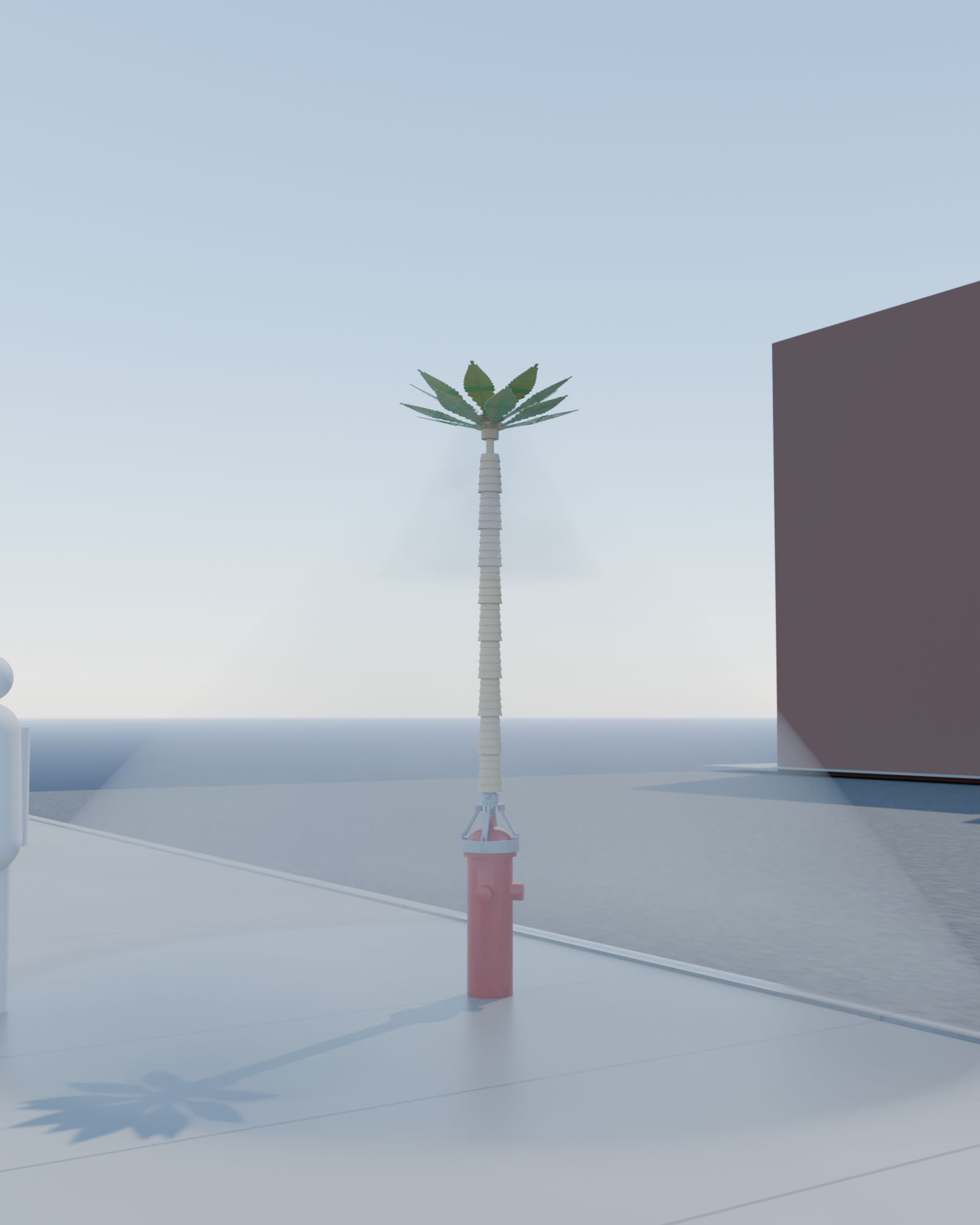 Photoreal render of the palm mister crowning a NYC fire hydrant, misting on a sunlit street