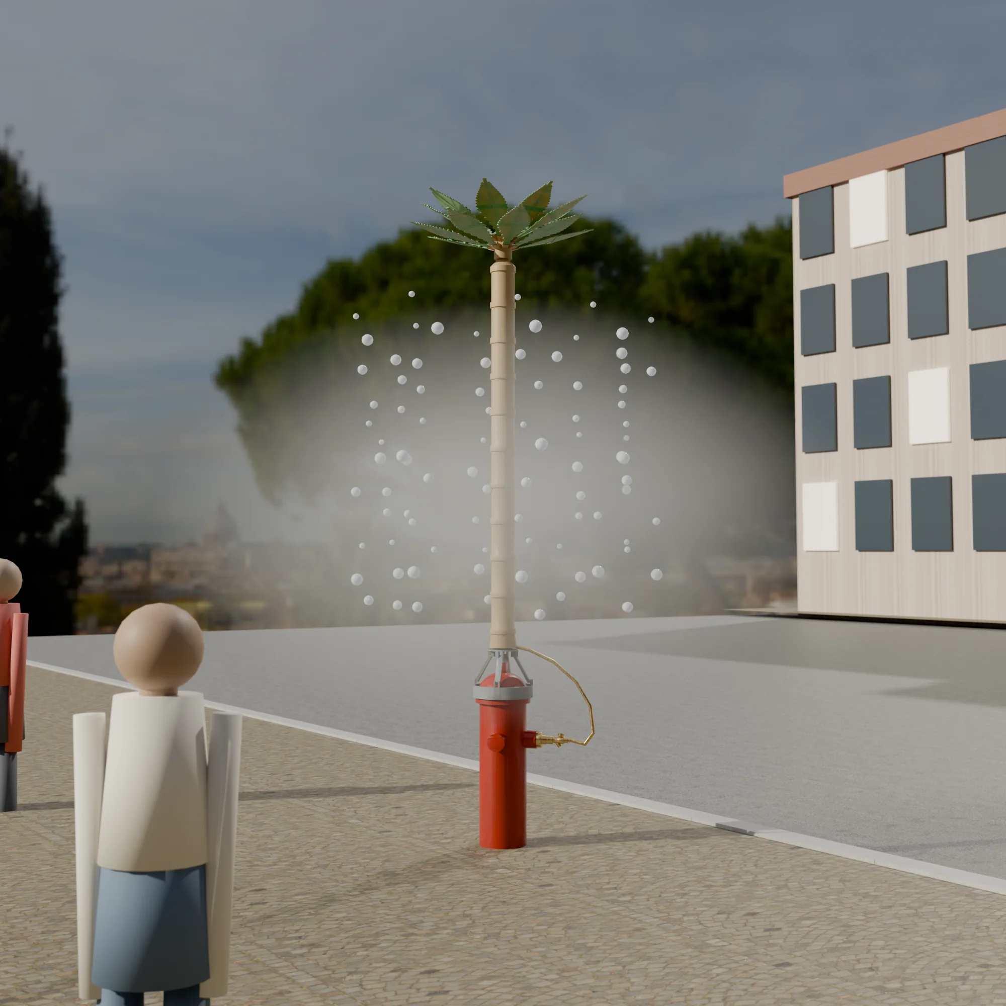 Photoreal render of the palm mister crowning a NYC fire hydrant, misting on a sunlit street