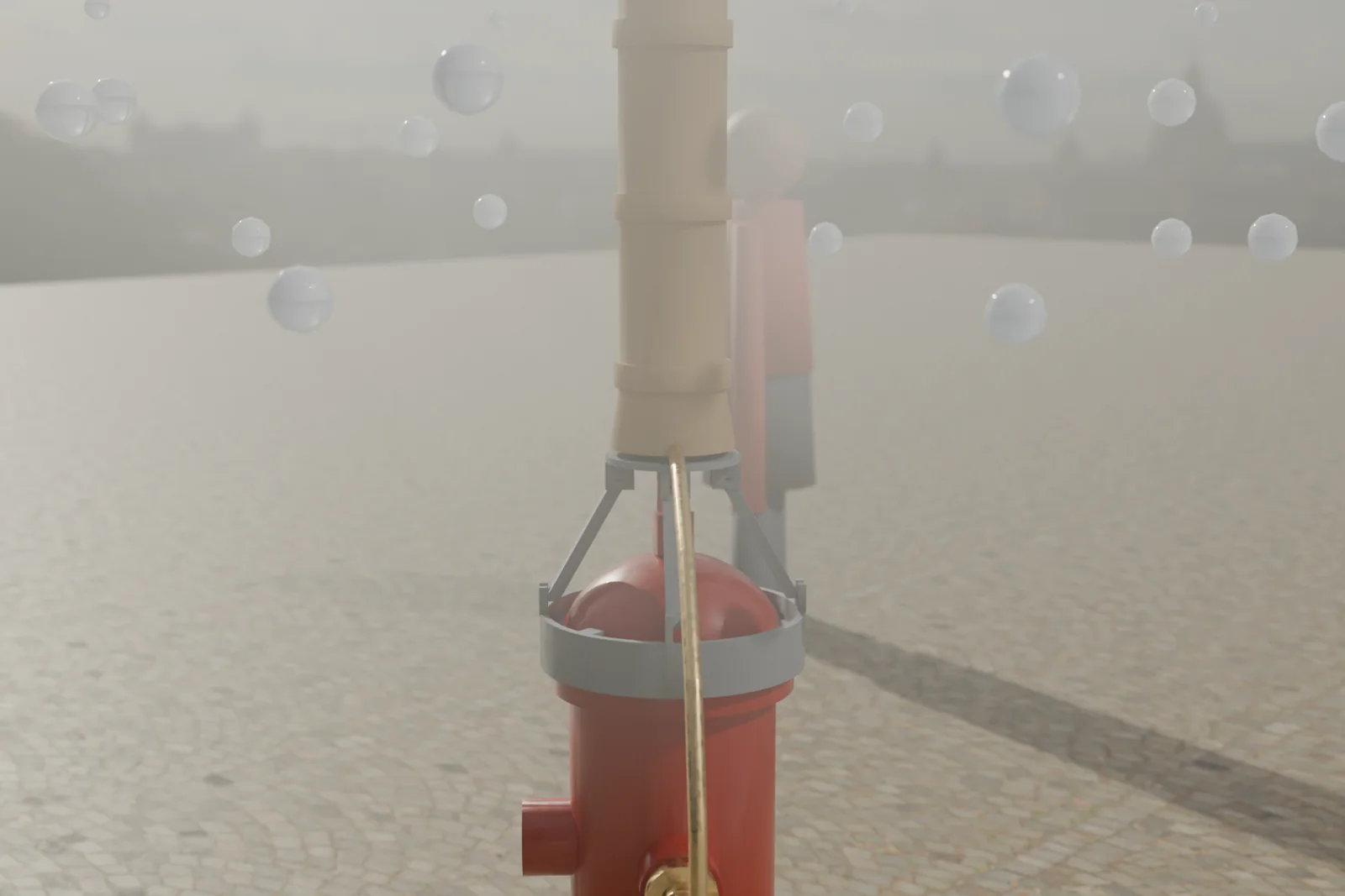 Close render of the mount stack on the hydrant: collar on the bonnet flange, pivoting legs to the hub plate, brass feed line up the riser